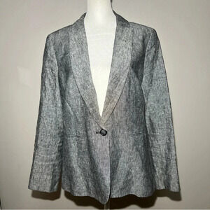 J. Crew Womens Black Gray 100% Linen Blazer Size 12 Button Closure Preppy Office